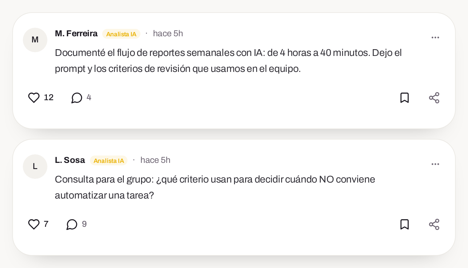 Feed de la comunidad Campus22 con dos publicaciones de participantes, sus niveles, me gusta y comentarios