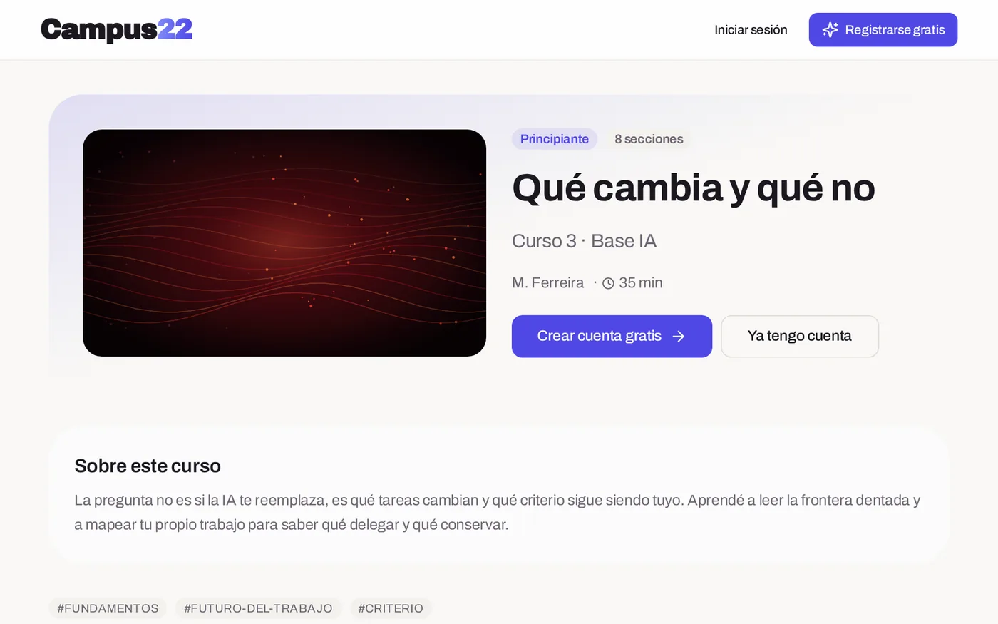 Vista pública de un curso de Campus22 con su temario y duración